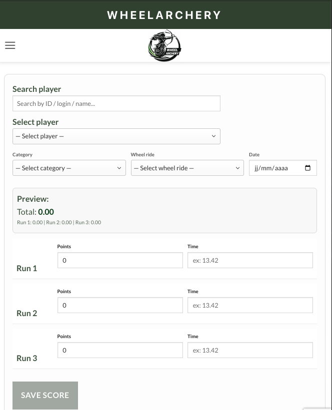 Calculatrice officielle Wheel Archery permettant au Gardien de score d’enregistrer et valider les points des runs.