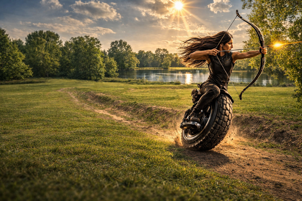 image représentant un archer sur une gyroroue tirant des flèches avec un arc